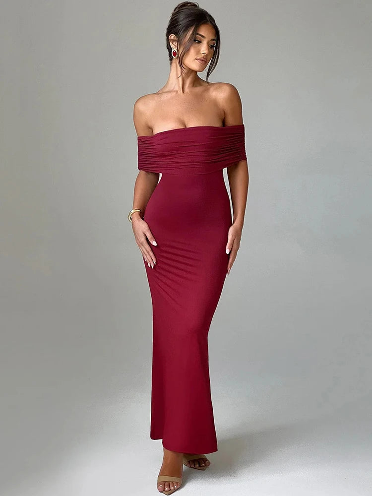 Sexy Strapless Backless Maxi Dress - Solid Off-shoulder Sleeveless Bodycon Christmas Party Dress