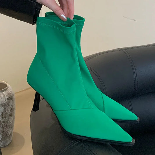 Stretchable Elastic Pointed Toe Heeled Fashion Ankle Boot