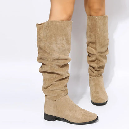 New Quality Pleated Faux Suede Flock Flat Autumn Winter Dress Knee High Boots