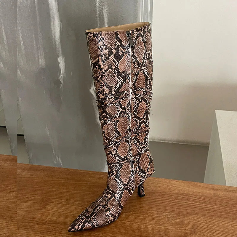 Elegant Modern Stylish Designer Snakeskin Pointed Toe Knee High Boots