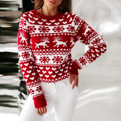 Y2K Moose Print Long Sleeve Christmas Sweater with Thicken Warmth