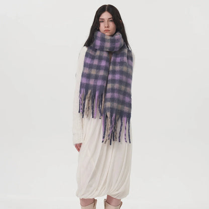 Winter Warm Cashmere Fashion Purple Gray Gradient Plaid Scarf