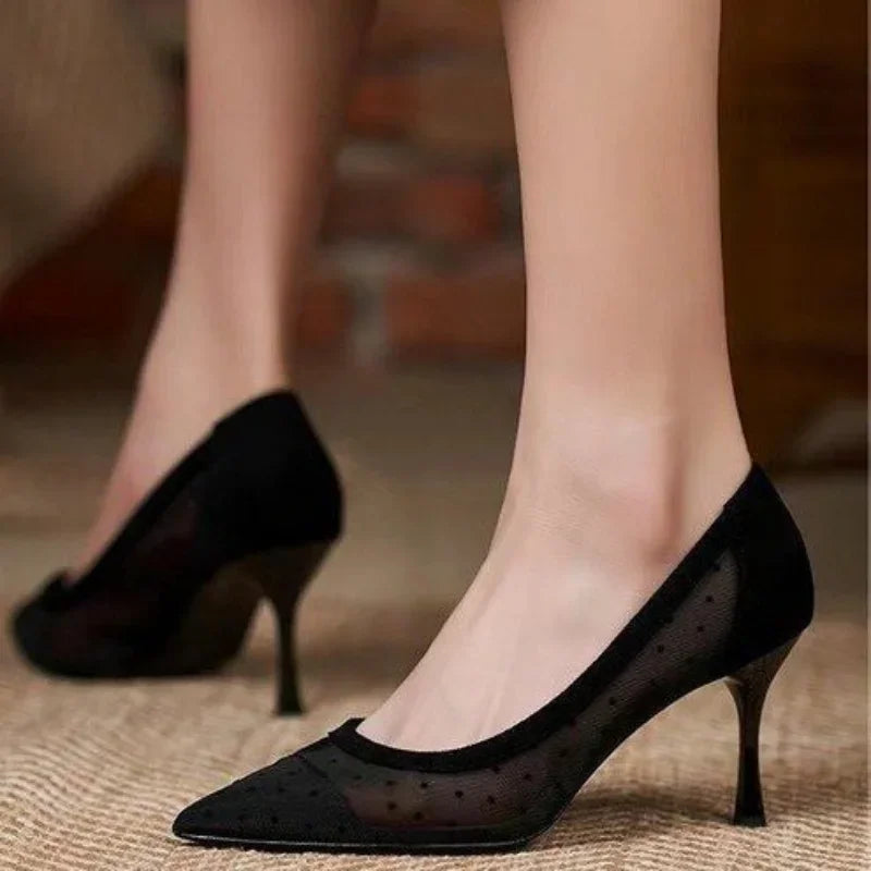 New Fashion Lace Mesh Breathable Lightweight Comfort Thin High Shoes Women Low Heel Pumps