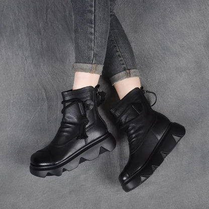 Casual High Top Leather Cowboy Round Toe Lace up Platform Ankle Boot