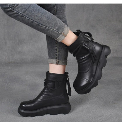 Casual High Top Leather Cowboy Round Toe Lace up Platform Ankle Boot