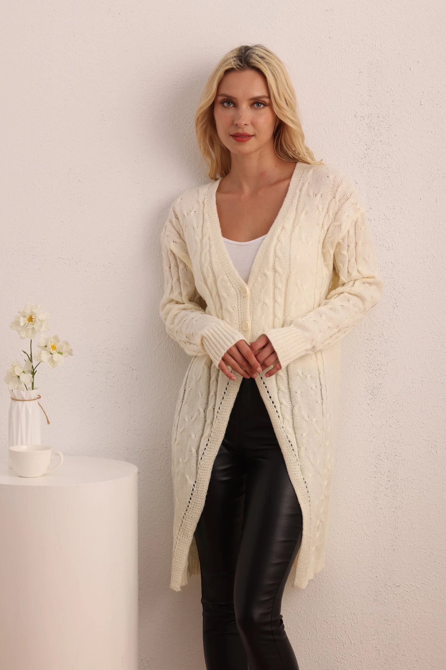 New Casual Long Knitted Long-Sleeved Twist Button Cardigan