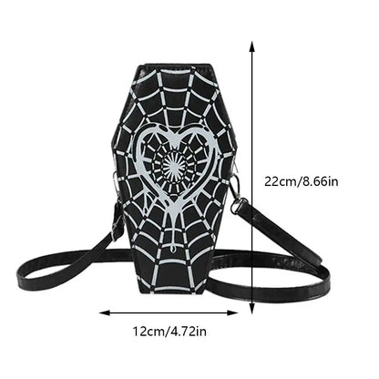 Novelty Halloween Gothic Coffin Shape Spider Web Sling PU Leather Bag