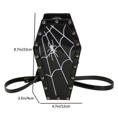 Novelty Halloween Gothic Coffin Shape Spider Web Sling PU Leather Bag