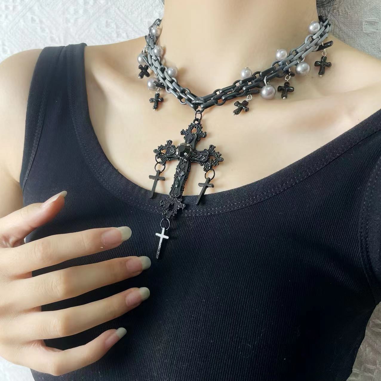 Gothic Sweet Punk Cross Tassel Pearl Hip-hop Necklace