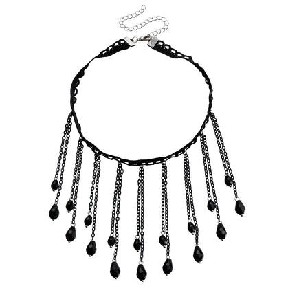 French Black Crystal Gothic Water Drop Tassel Lolita Lace Necklace