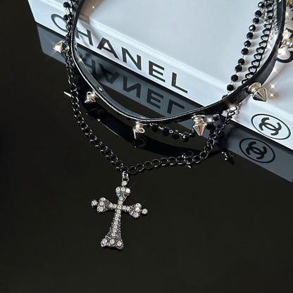 Dark Leather Rivet Cross Double Layered Necklace