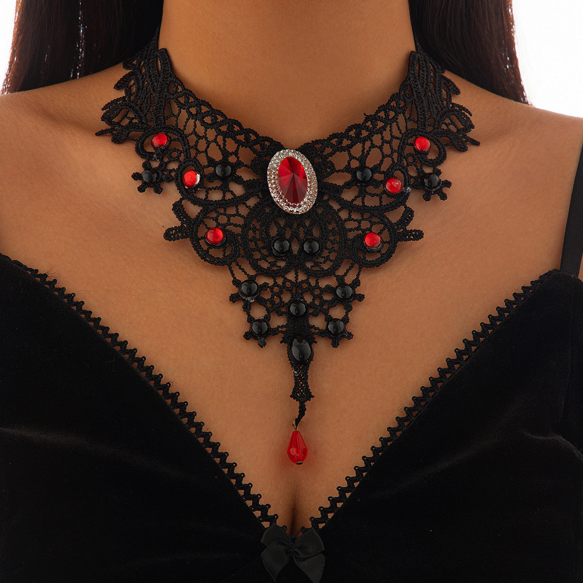 Gothic Blood Drop Gem Tassel Cross Halloween Necklace