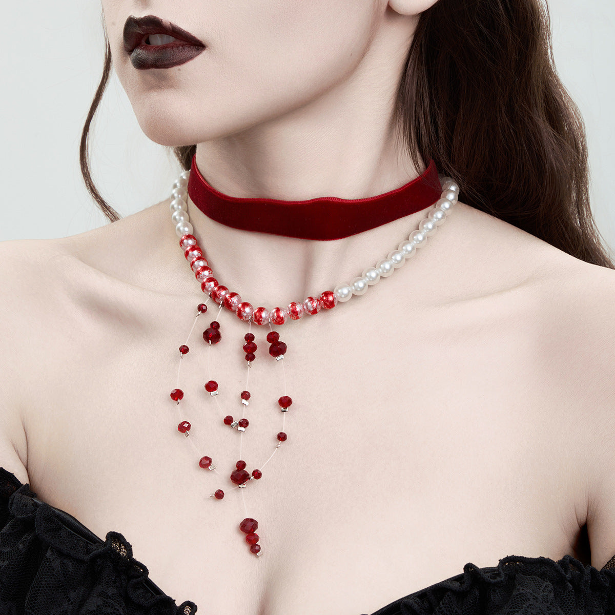 Gothic Pearl Tassel Velvet Halloween Blood Drip Tassel Crystal Choker Necklace