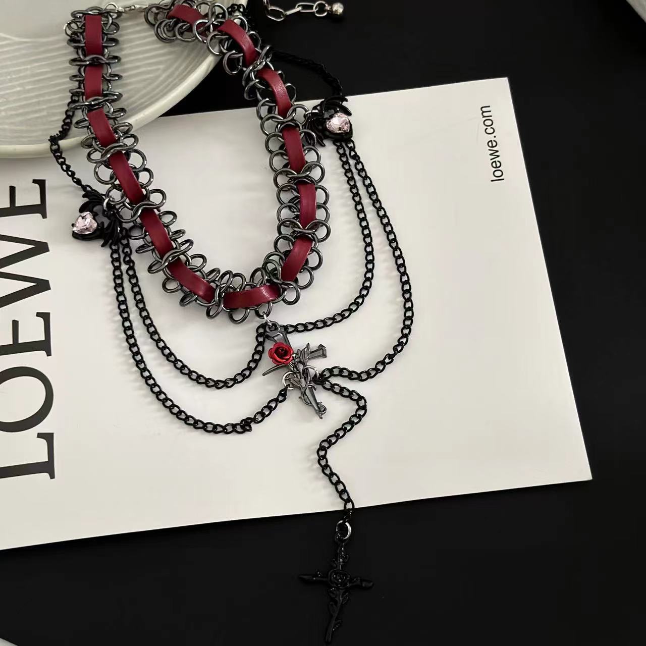 Sweet Cool Cross Red Leather Gothic Retro Tassel Layered Necklace