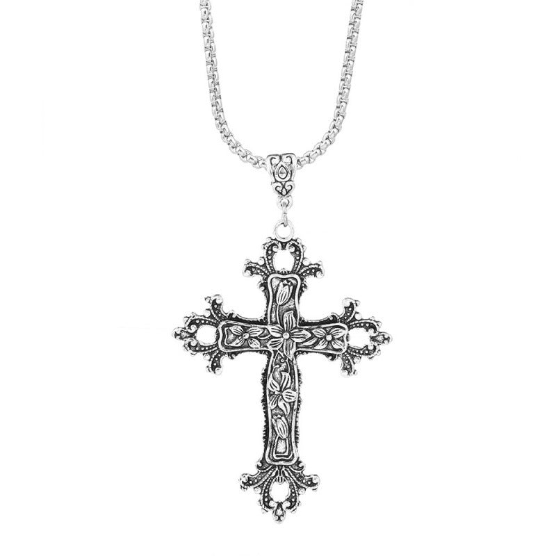 Exaggerated Gothic Silver Cross Hip-hop Sweater Necklace