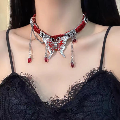 Red Butterfly Versatile Tassel Choker Necklace