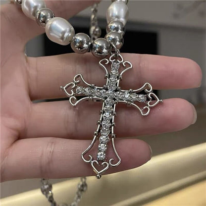 Hip-hop Retro Pearl Punk Dark Gothic Cross Pendant Necklace