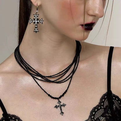 Retro Cross Layered Beaded Sweet Cool Punk Necklace