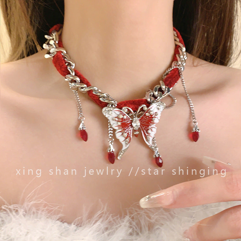 Sweet Cool Red Velvet Butterfly Tassel Gothic Exaggerated Personality Necklace