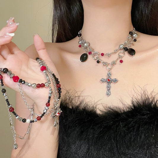 Dark Punk Layered Cross Sweet Cool Beaded Personality Necklace