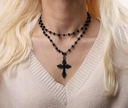 Popular Gothic Dark Exaggerated Cross Layered Necklace