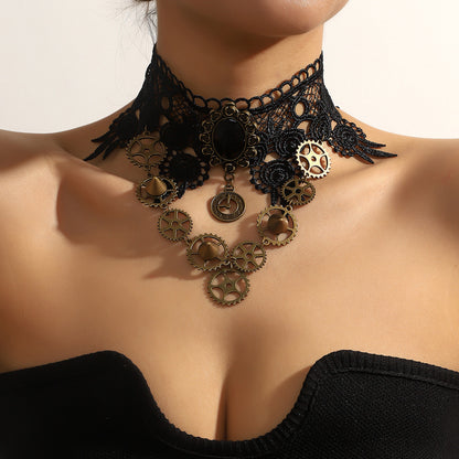 Gothic Steam Punk Black Lace Gear Exaggerated Necklace