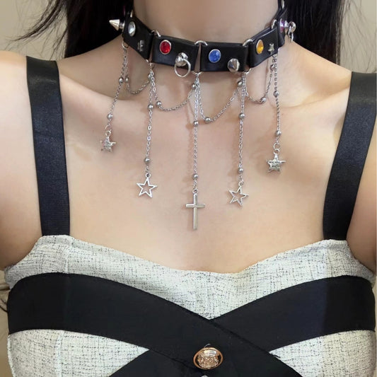 Star Cross Pendant Choker Necklace Y2K Punk Retro Dark Necklace