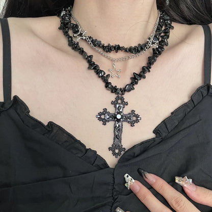 Diamond Cross Star Double Layer Hip-hop Dark Necklace