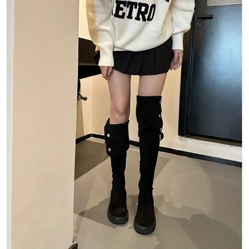 Over The Cowboy Designer Platform Fashion Fur Suede Wedges Knee High Boots