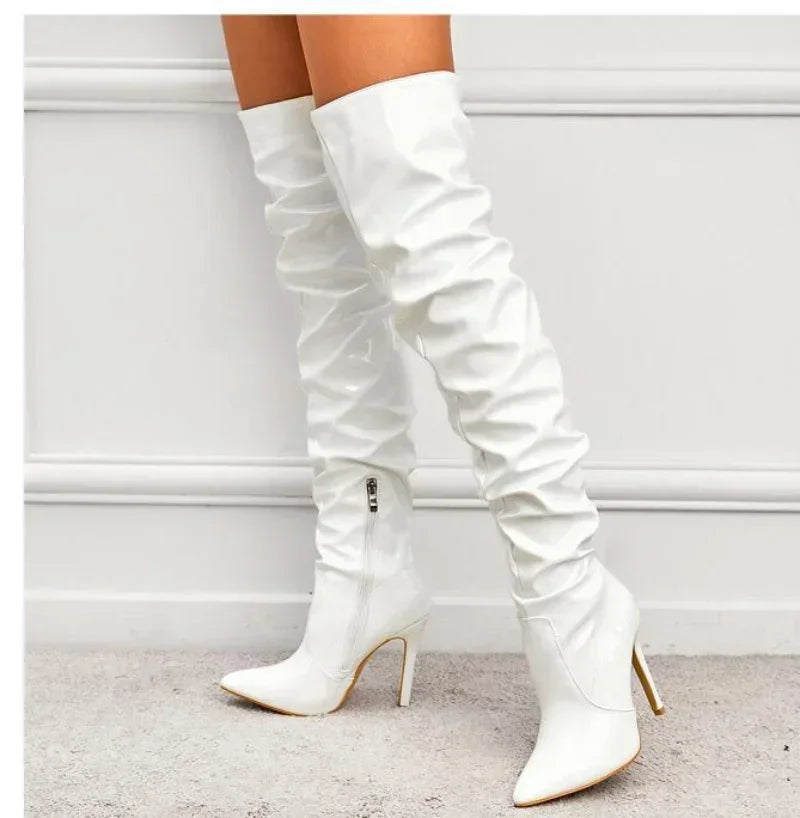 Women Fashion Pointed Toe Black Side Zipper Thin Heels Shiny Pleated Knee High Boots