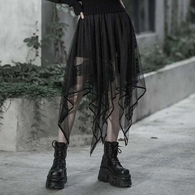 Women's Gothic Mesh Irregular Female Black Lace Hollow Out Summer Fashion Skirt