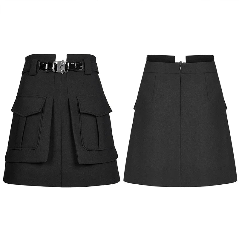 Women's Collect Waist A Line Black Half Personality Casual Women Mini Functional Buckle Decoration Skirt