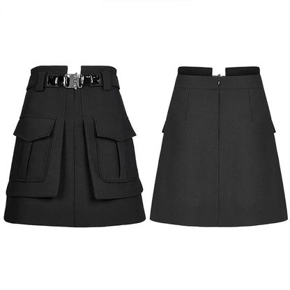 Women's Collect Waist A Line Black Half Personality Casual Women Mini Functional Buckle Decoration Skirt