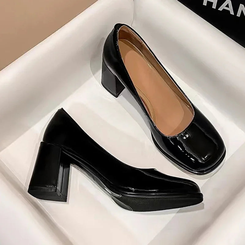 Patent Leather Elegant Office Black Highs Women Shal Mouth Square Toe Shoes Low Heel Pumps