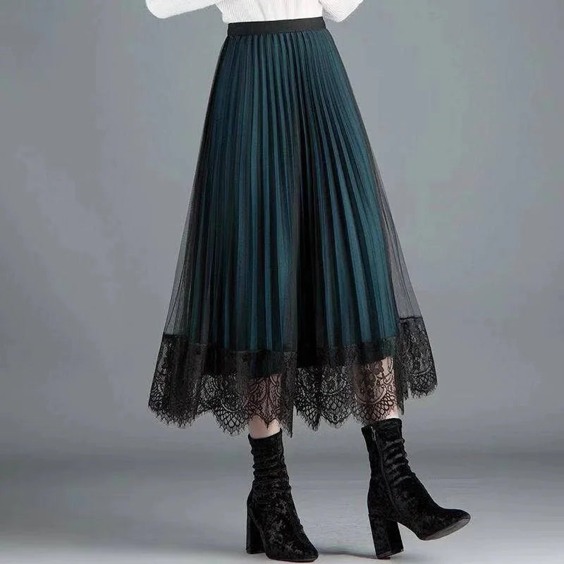 DressBetty - Slim Fit Lace High Waist Pleated Skirt