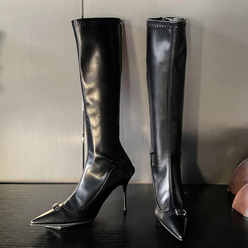 Unique Chic Stylish Pointed Toe Buckle Design Knee High Boots