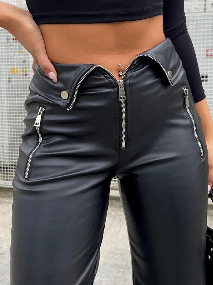 PU Leather Zipper Soft Straight Leg Y2K High Waist Casual Elegant Pants