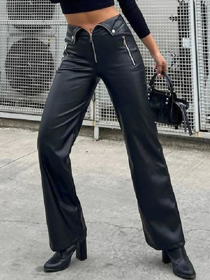 PU Leather Zipper Soft Straight Leg Y2K High Waist Casual Elegant Pants