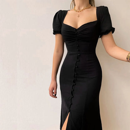 Elegant Slim Black A-Line Puff Sleeve Office Party Waist Knee Length Dress