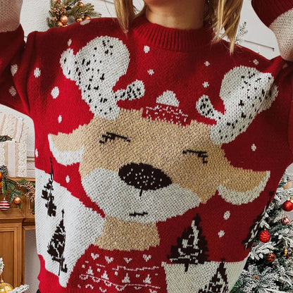 Elk Snowflake Pattern Christmas Sweater - Long Sleeve Loose Knit