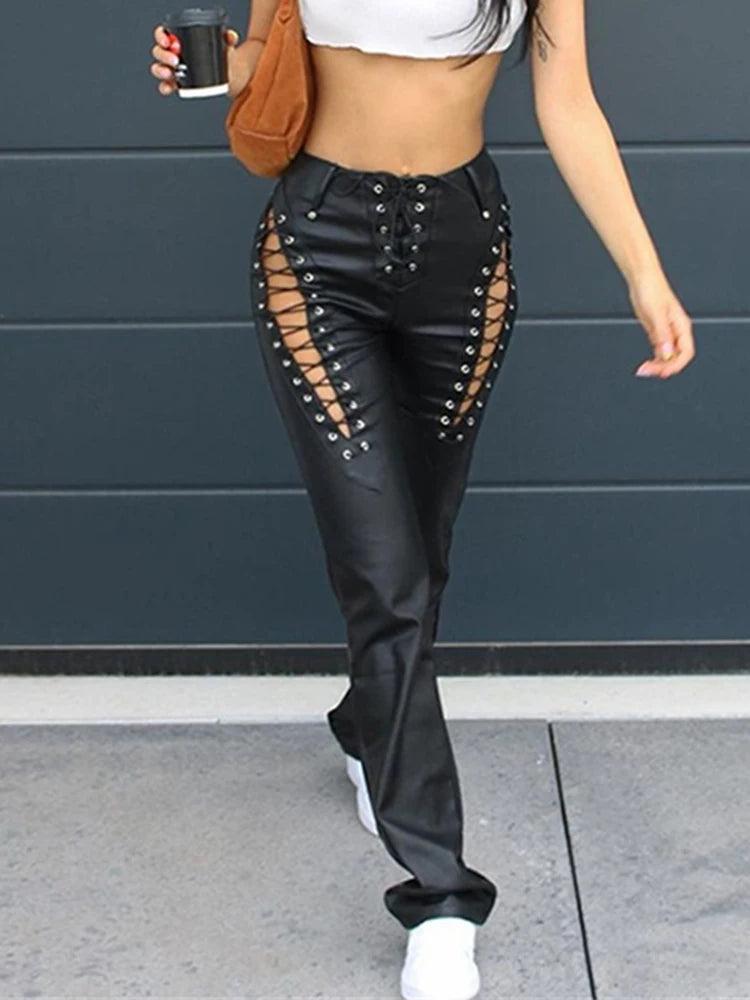 Punk Y2K Bandage Faux Leather Cyber Grunge Fairycore Patchwork Slim Streetwear Pants