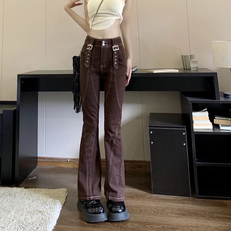 High Waisted Flare Autumn New High Street Brown Cool Casual Jeans