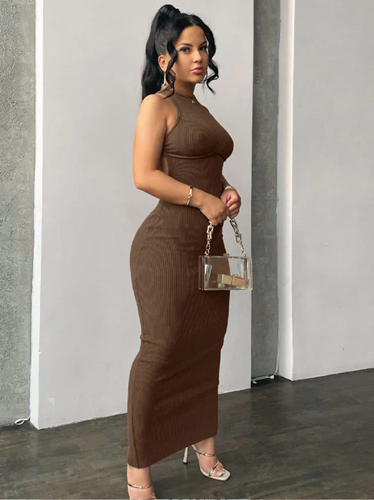 Ribbed Hollow Backless Sleeveless Sexy Slit Mini Elegant Y2K Midi Dresses