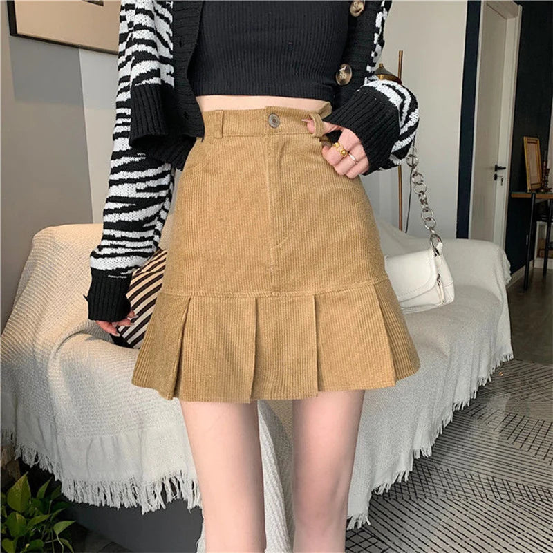 DressBetty - Black Khaki Corduroy Pleated High Waisted Skirt