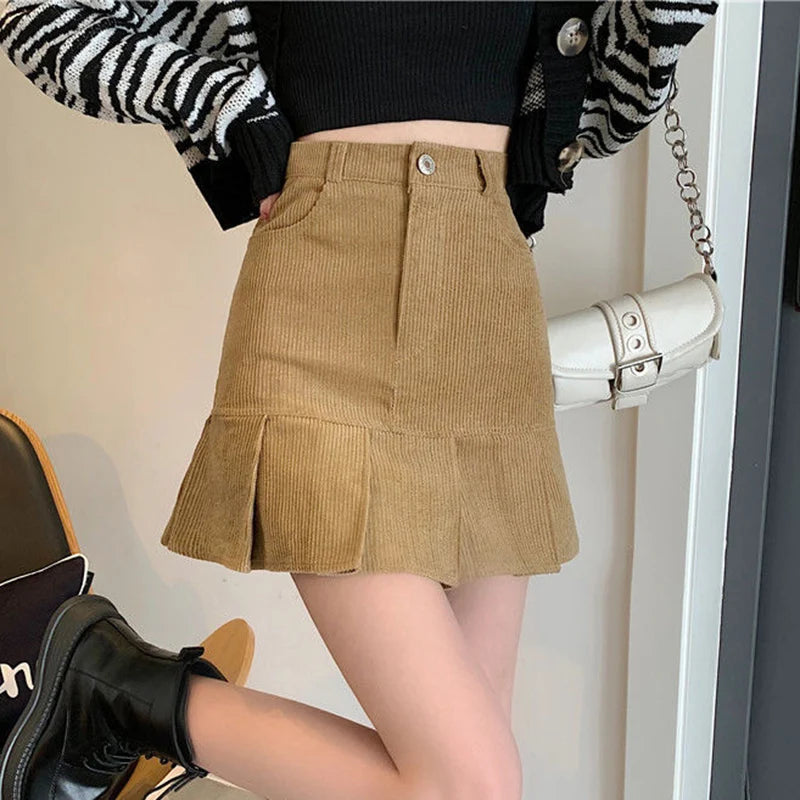 DressBetty - Black Khaki Corduroy Pleated High Waisted Skirt