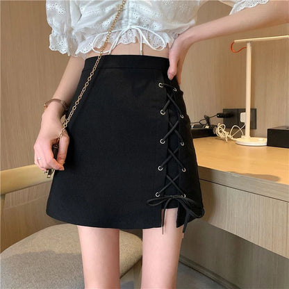 DressBetty - High Waist Lace Up Black A Line Mini Skirt