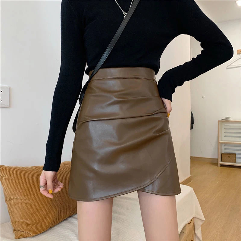 DressBetty - Pleated Pu Leather High Waist Irregular Skirt