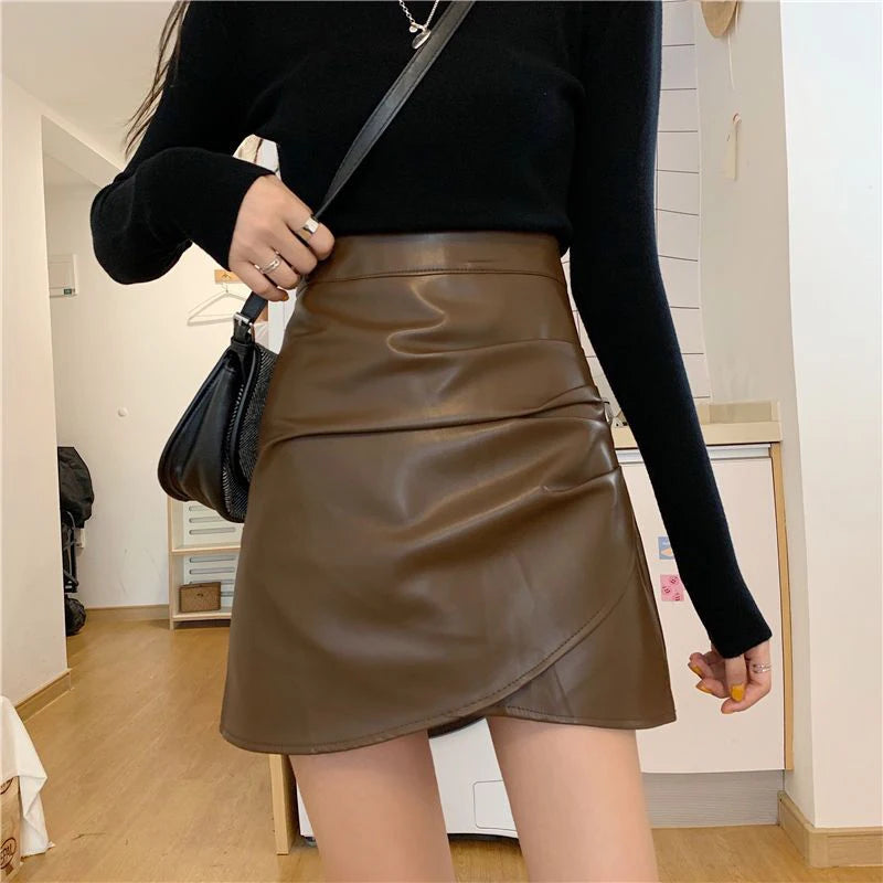 DressBetty - Pleated Pu Leather High Waist Irregular Skirt