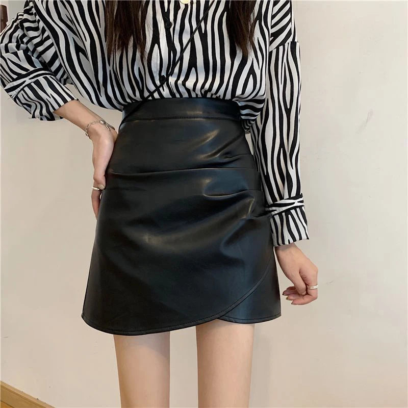 DressBetty - Pleated Pu Leather High Waist Irregular Skirt