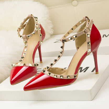 Rivet Pointed Toe Designer Hollow Red Fine High Heel Sexy High Heel